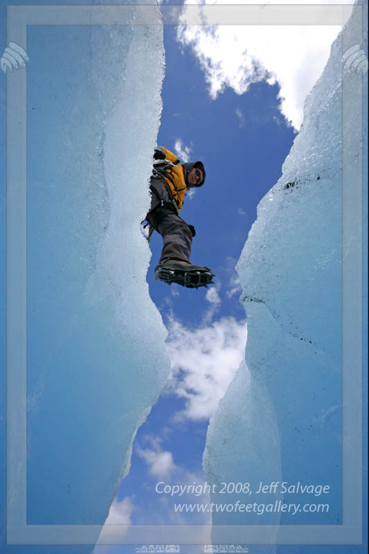 One Long Step over a cravas in Glacier Grey<BR>Torres del Paine Trek - Patagonia, Chile